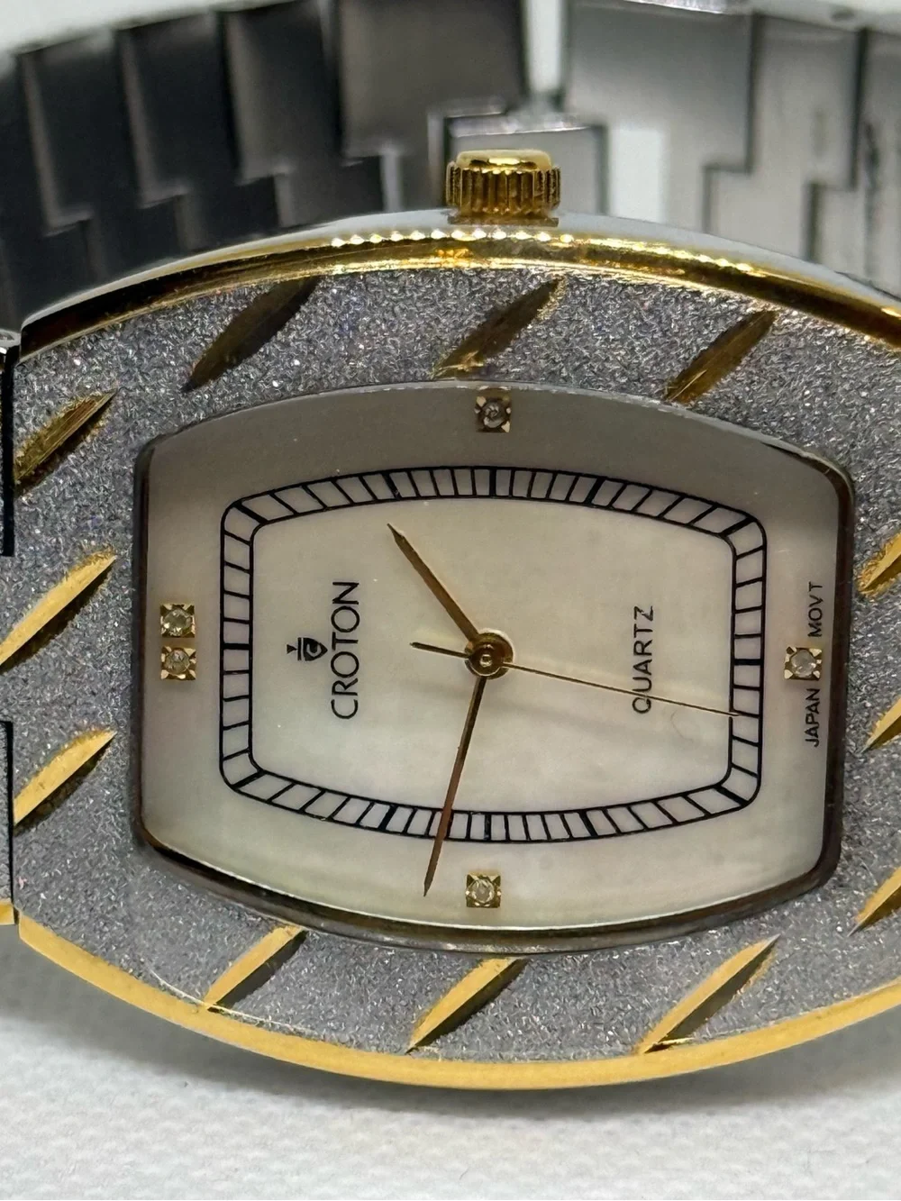 Croton Two-Tone Gold and Silver Rectangular Mother-of-Pearl CZ Diamonds Watch